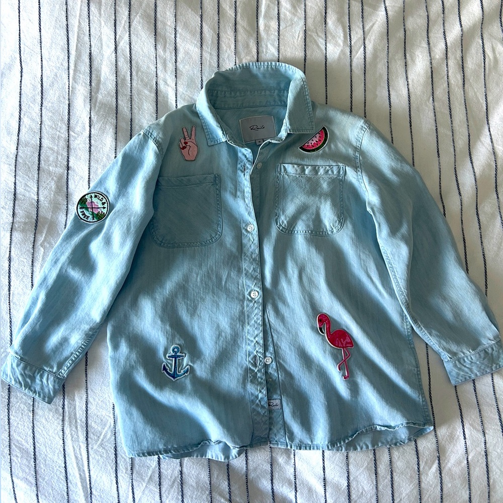 Rails girls Light Blue Denim lyocel button down shirt with Patches kids 12
